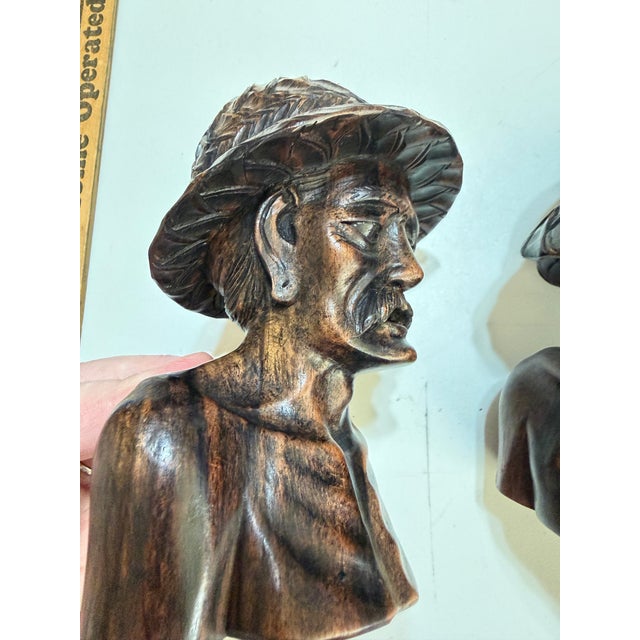 Mid-Century Balinese Hand-Carved Wood Elderly Farmer Couple Busts, Pair For Sale - Image 11 of 12