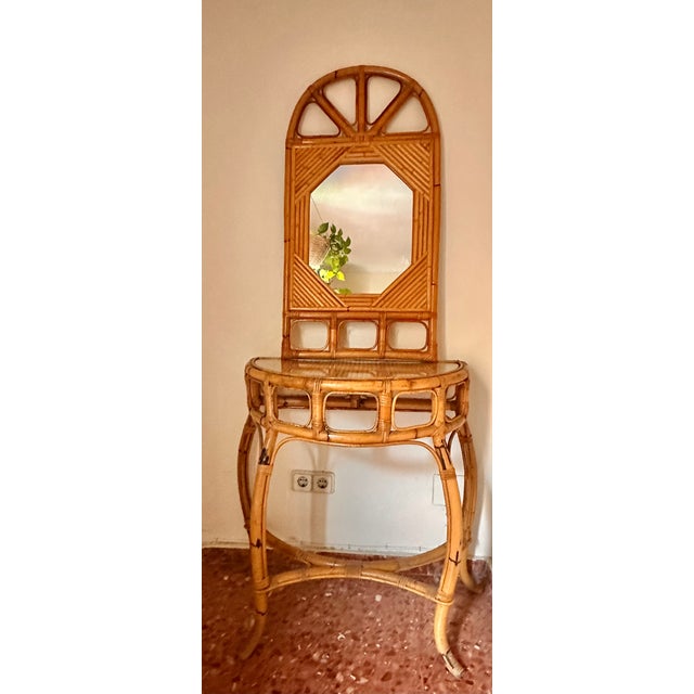 Arched Demi-Lune Console in Rattan and Bamboo with Mirror from Vivai del Sud, Italy, 1960s For Sale - Image 14 of 14