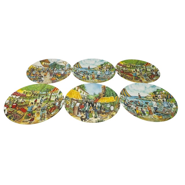 A charming and highly collectible set of six (6) vintage 1980s ceramic salad or dessert plates featuring vibrant, hand-...
