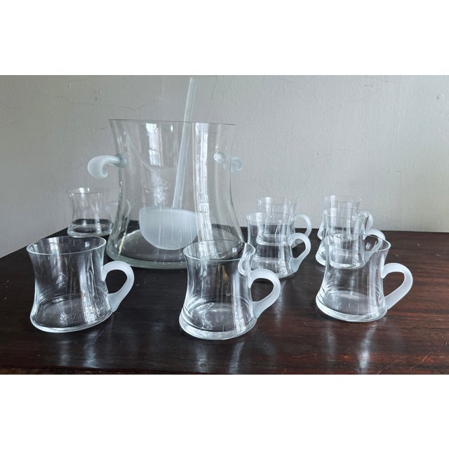 Mid-Century Modern Vintage Postmodern Glass Punch Bowl Set With Frosted Accents, Handles, and Ladle - 10pcs For Sale - Image 3 of 16