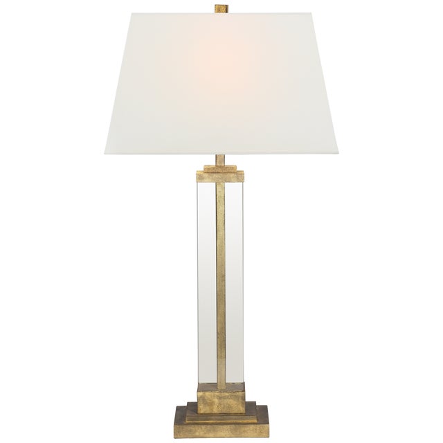 Transitional Visual Comfort Signature Wright Table Lamp in Gilded Iron and Glass with Linen Shade For Sale - Image 3 of 3