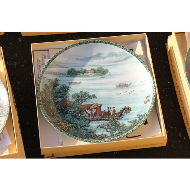 1980s Vintage Set of 8 Jingdezhen Porcelain Decorative Plates With Chinese Landscape Scenes & Traditional Asian Architecture For Sale - Image 5 of 18