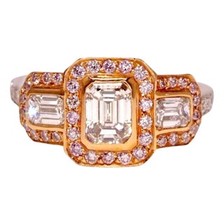 2.2 CT Emerald Cut Diamond 3-Stone Engagement Ring With Natural Pink Diamonds, Size 6.5 For Sale