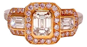 2.2 CT Emerald Cut Diamond 3-Stone Engagement Ring With Natural Pink Diamonds, Size 6.5