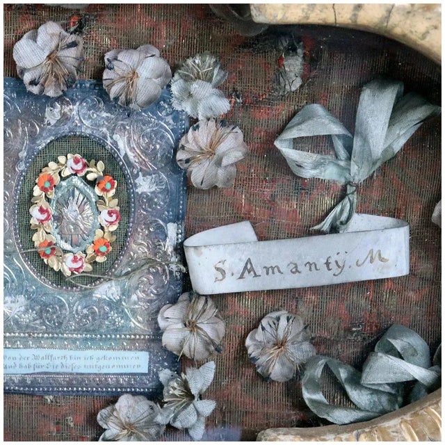 Gold Rare Italian Painted, Giltwood, Glass and Mixed Media Reliquary Shrine Vitrine For Sale - Image 8 of 15