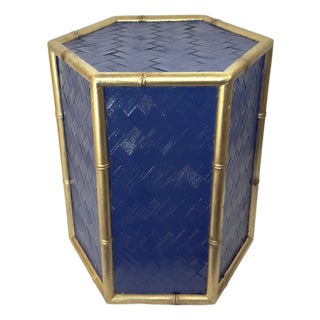 Vintage Hexagonal Blue and Gold Drink Table in Thomas O'Brien for Century Style – Newly Painted Woven Rattan and Faux Bamboo For Sale