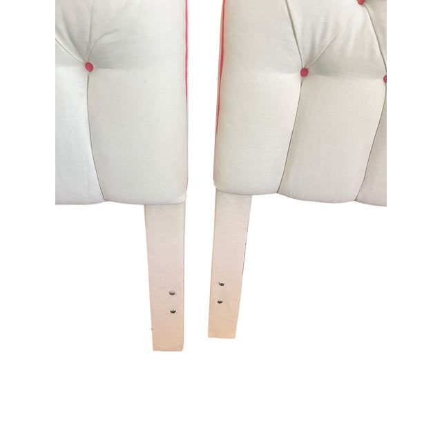 Custom Upholstered Twin Headboards in Ivory Canvas With Pink Contrast Welt Scalloped Silhouette Coastal Hollywood Regency For Sale - Image 12 of 15