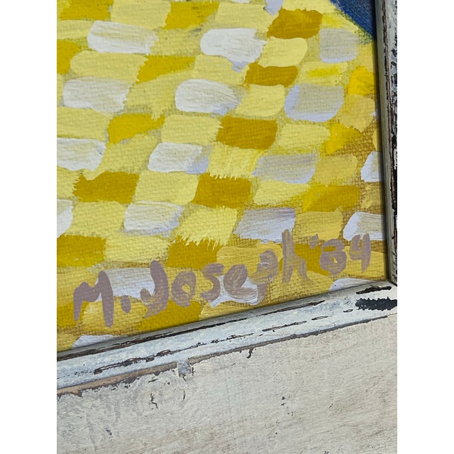 A vibrant 1984 floral still life featuring a loosely rendered bouquet in a patterned vase, set against a cheerful yellow-...