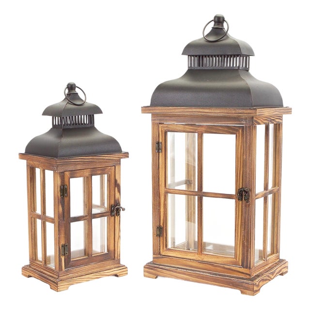 Rustic Wood and Metal Lantern (Set of 2) For Sale