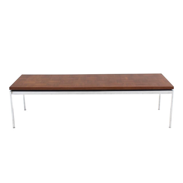 Mid-Century Modern Solid Stainless Steel Heavy Base Rectangular Coffee Table with Parquet Top For Sale - Image 3 of 7