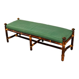 Vintage Bamboo Bench With Upholstered Green Cushion For Sale