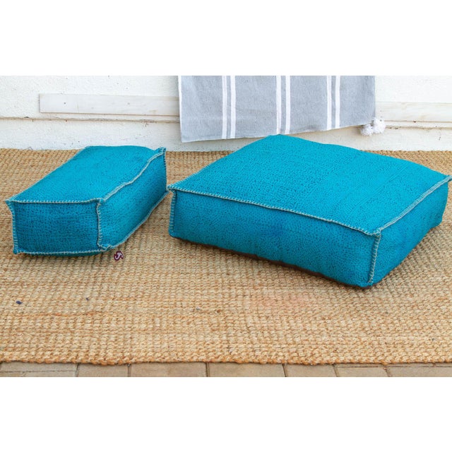 Textile Vintage Hand-Stitched Vibrant Turquoise Floor Seating Set For Sale - Image 7 of 9