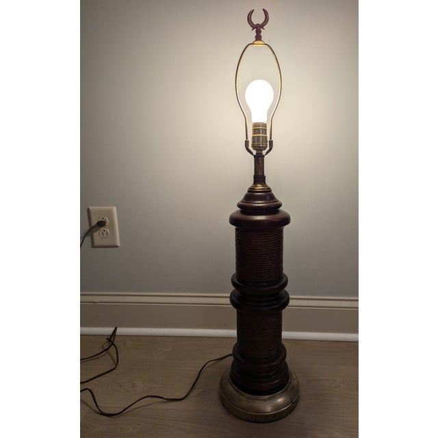 Mid Century Walnut Wood Column Lamp With Rush Accent Retro 70s For Sale - Image 9 of 9