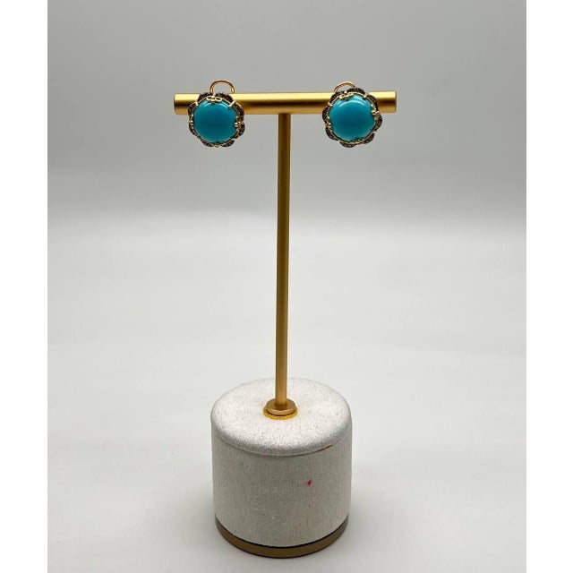 Blue Teal Turquoise Diamonds Halo Floral 14k Yellow Gold Statement Earrings - Set of 2 For Sale - Image 4 of 12