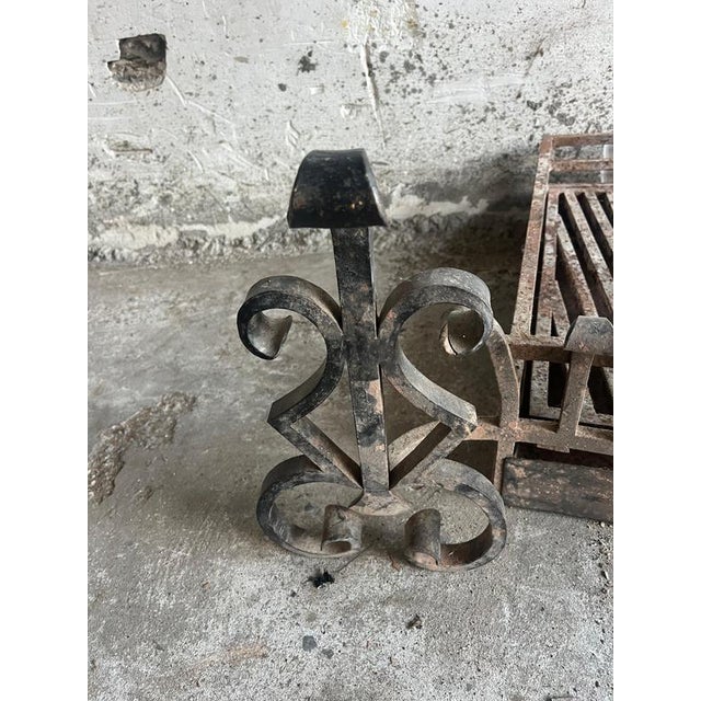 Vintage Wrought Iron Fireplace Grate with Andirons, Set of 3 For Sale - Image 4 of 7