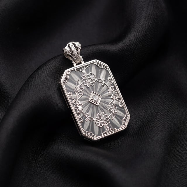1930's 14k White Gold Camphor Glass and Diamond Filigree Pendant For Sale - Image 4 of 4