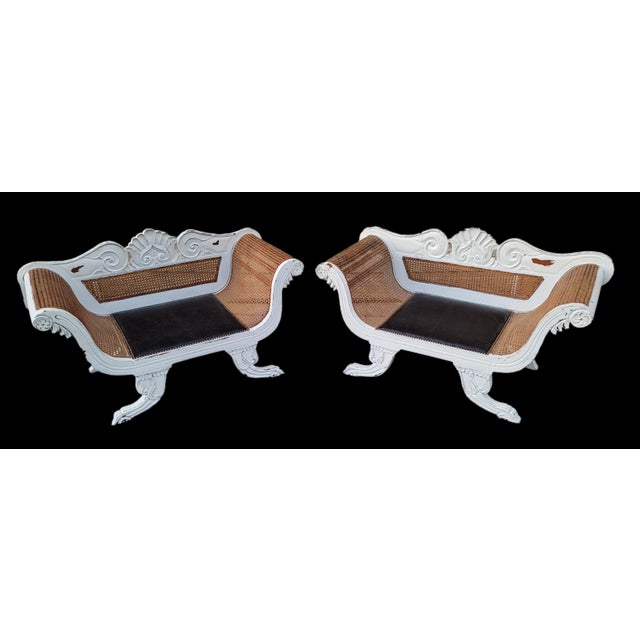 Painted Antique Anglo-Indian Colonial Caned Leather Seat Settees -- a Pair For Sale - Image 13 of 13