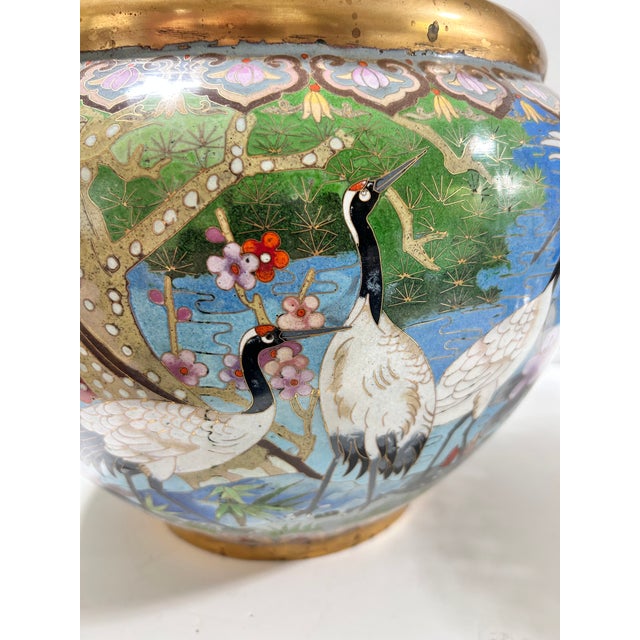 1960s Monumental Handcrafted Cloisonné Enamel Jardiniere With Cranes, Blossoms & Lion Head Handles For Sale - Image 12 of 18