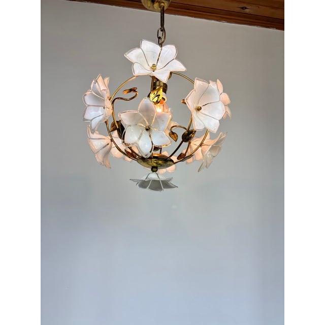 Vintage Murano Style White Floral Globe Chandelier - Brass Finish For Sale - Image 14 of 15
