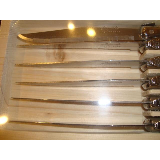 Laguiole Set of 6 French Jean Dubost Laguiole Stainless Steel Steak Knives For Sale - Image 4 of 9
