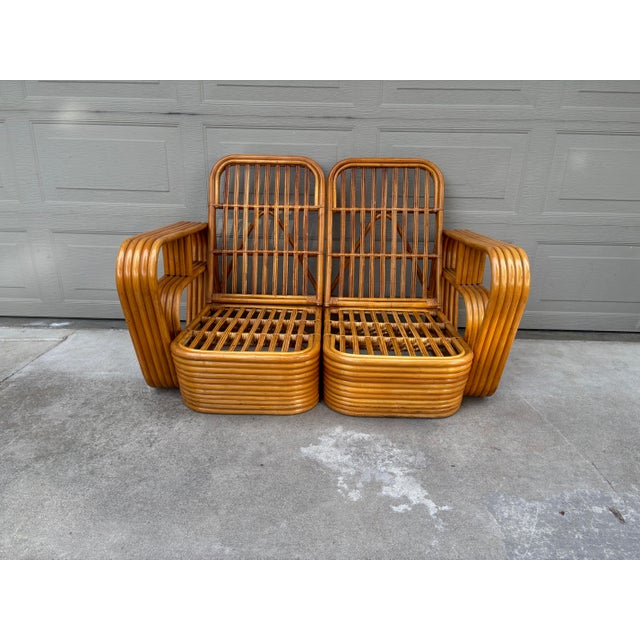 1940s Paul Frankl Style Rattan Bamboo Pretzel One-Arm Club Lounge Chairs Loveseat Sofa For Sale - Image 5 of 13