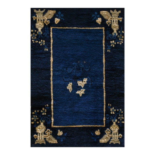 Considerable Navy Blue Color With Unique Florid Design Antique Chinese Peking Rug For Sale