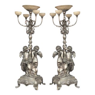 Pair of Oversized Bronze Silver-Plated Palatial Torchères (Italy, C. 1900's) For Sale