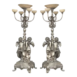 Pair of Oversized Bronze Silver-Plated Palatial Torchères (Italy, C. 1900's)