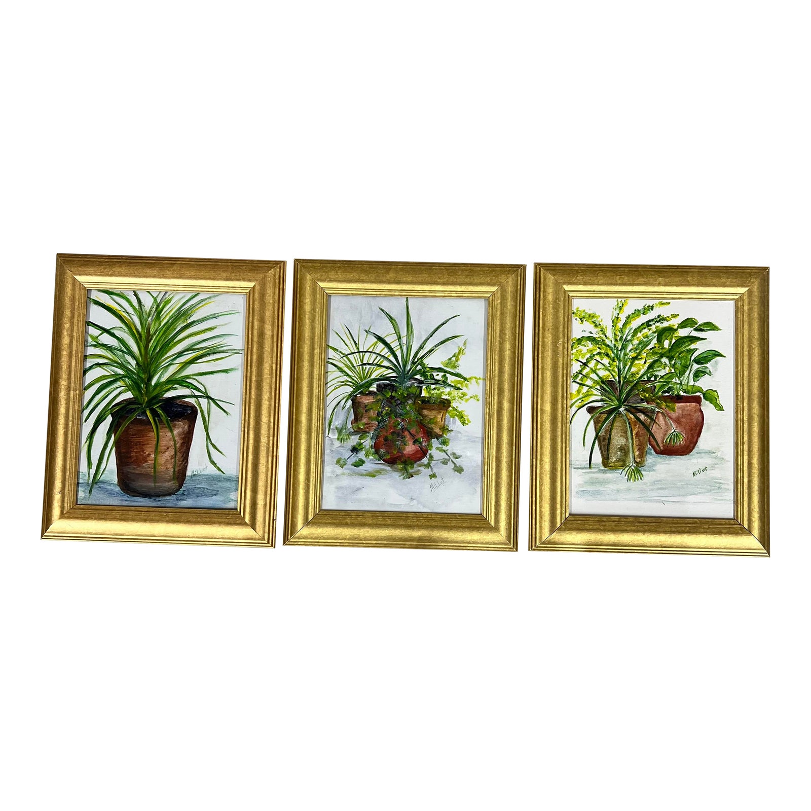 Framed Original Art on Canvas of Potted Plants Signed by Artist Set of