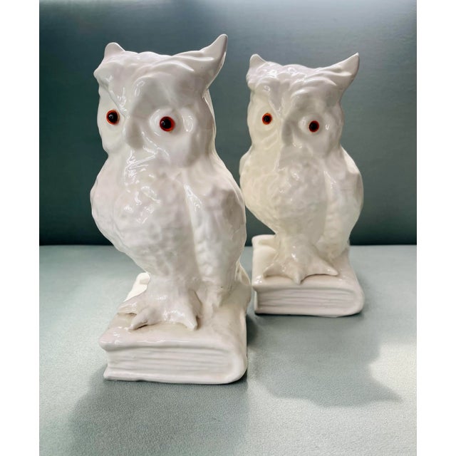 White Vintage Ceramic Owl Bookends-A Pair For Sale - Image 8 of 8