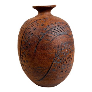 1980s Modernist Mel Pottery Vase Textured Abstract Design For Sale
