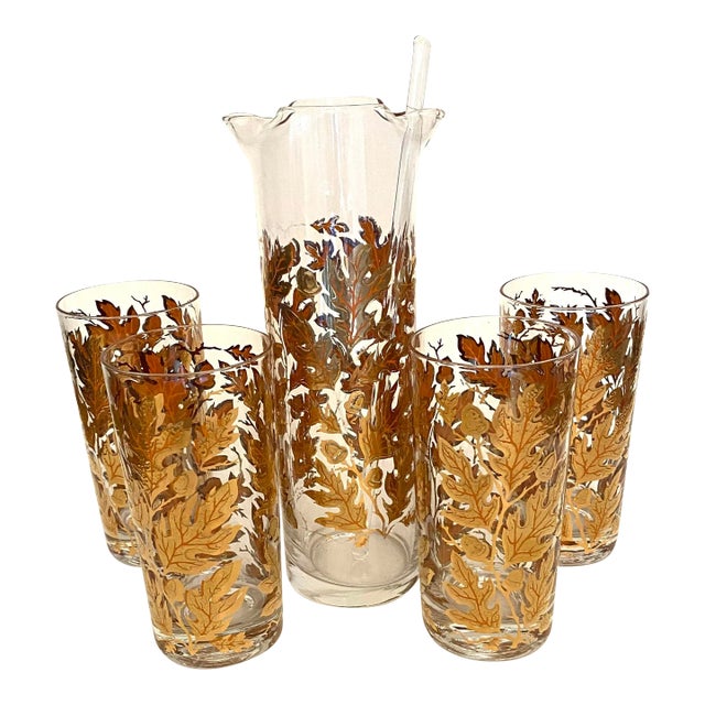 Mid-Century Modern Culver Oak Leaf Hiball Set With Pitcher and Stir Stick- 5 Piece For Sale