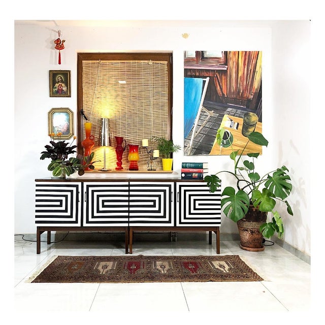 Modular sideboard, Poland, 1970s Possibility of any combination two cabinets with a shelf Black new glass on each side....
