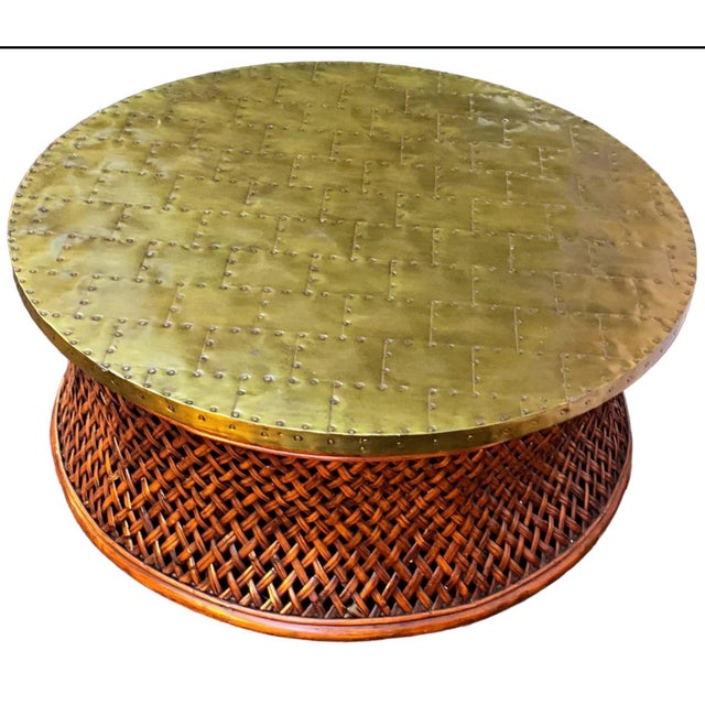 Organic Modern Coastal Round Hammered Brass & Rattan Coffee Table For Sale - Image 4 of 5