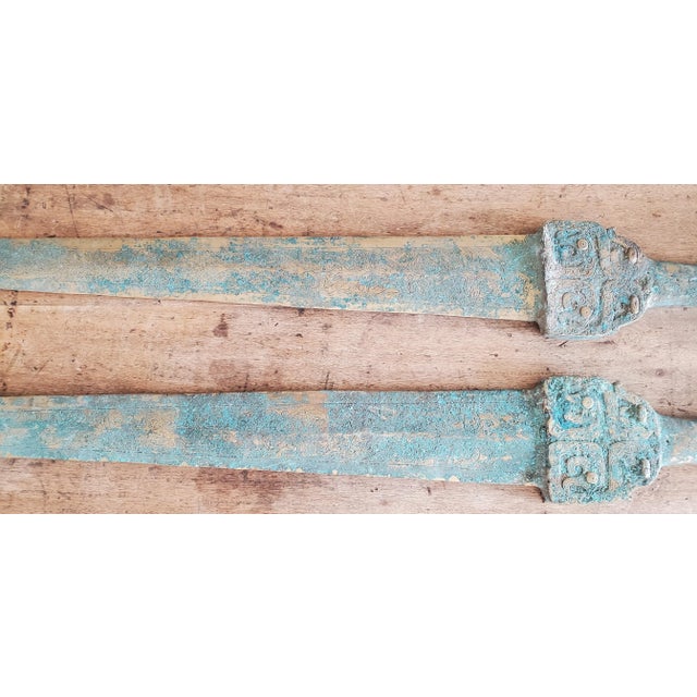 Mid 20th Century Chinese Long Bronze Swords Taotie Mask Inscription With Dragons- Set of 2 For Sale - Image 12 of 12