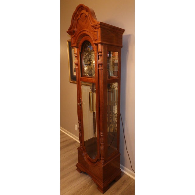 American Ridgeway Model 9109 Illuminated Moon Phase Triple-Chime Grandfather Clock, Oak Case, Circa 1992 For Sale - Image 3 of 18