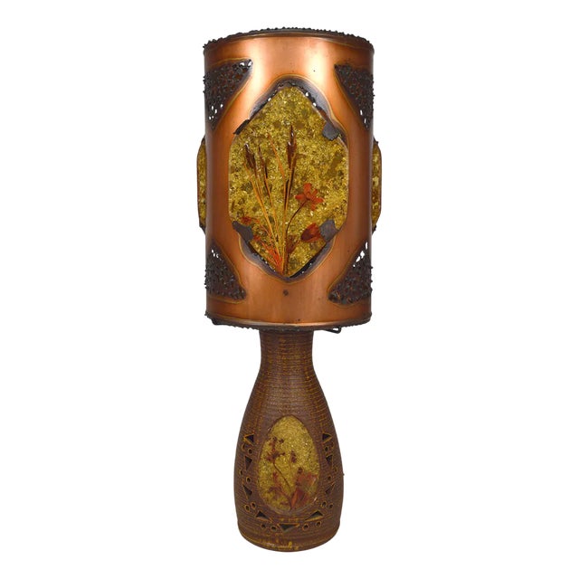 Lamp in Ceramic and Patinated Copper with Fractal Resin Medallions from Accolay Potters, 1970s For Sale