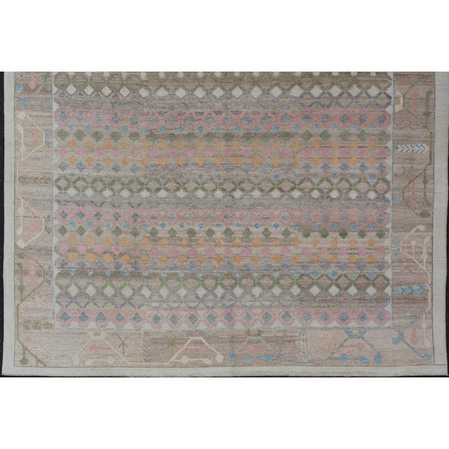 Tribal Turkish Oushak Rug With Geometric Motifs in Soft Pastel and Olive Green For Sale - Image 11 of 15