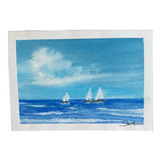 “Sails Beneath Summer Clouds” Original Watercolor Seascape by Nancy Smith For Sale