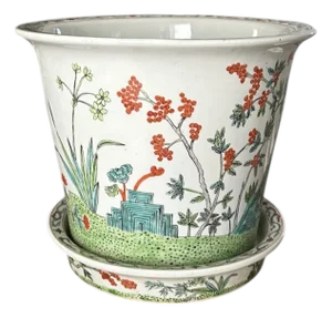 20th Century Large Hand Painted Chinese Famille Verte / Rose Cache Pot / Cachepot / Jardiniere / Planter With Saucer