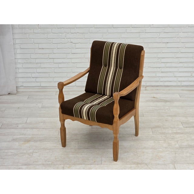 Danish Armchair in Striped Furniture Wool and Carved Oak Wood, 1970s For Sale - Image 12 of 17