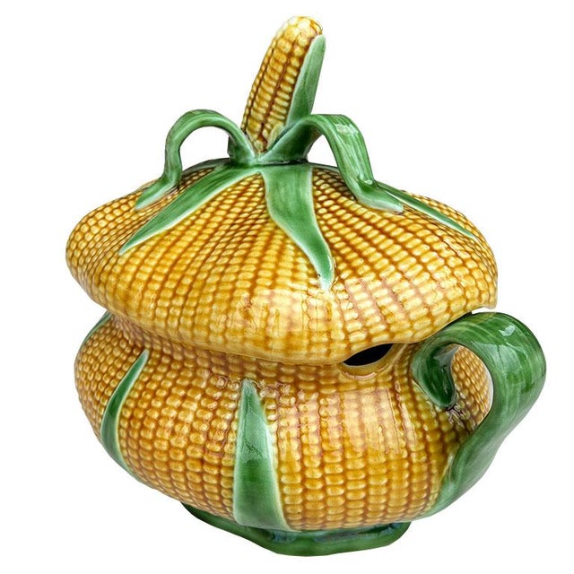 Mid-Century Modern Vintage Ceramic Majolica Corn Husk Motif Tureen in Yellow and Green - Portugal For Sale - Image 3 of 6