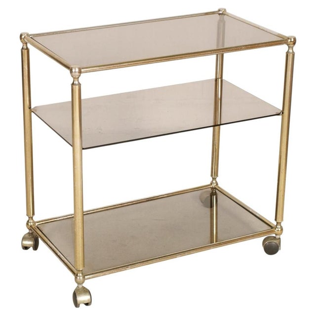 Italian Brass and Smoked Glass 3-Tier Bar Cart, 1970s For Sale - Image 9 of 9