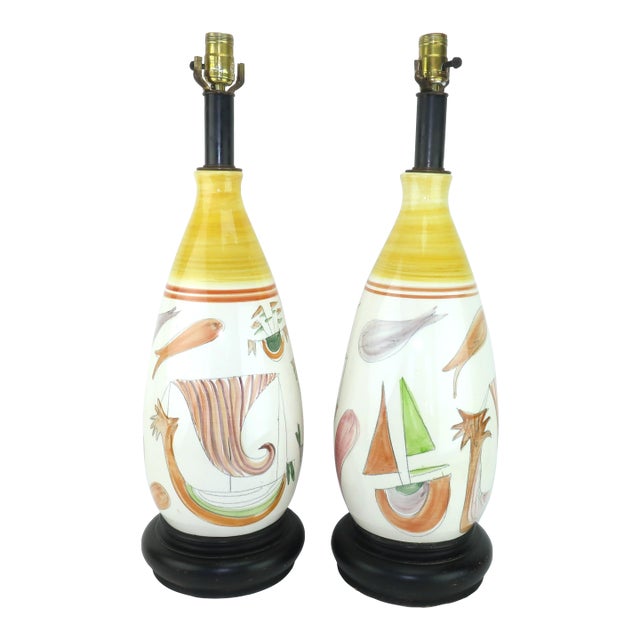 Elc Du Nord Ceramic Mid-Century Modern Table Lamps With Ship Motif, a Pair For Sale