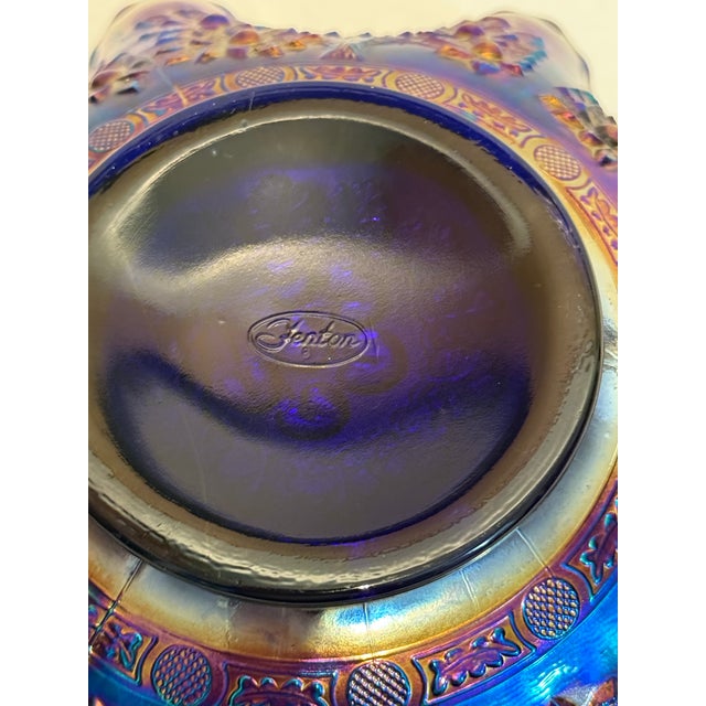 Fenton Cobalt Blue Marigold Carnival Glass Cherry Chain Scalloped Bowl For Sale - Image 9 of 11