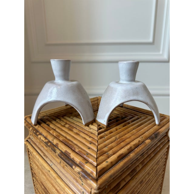 Vintage Handcrafted Signed Atomic Glazed Terracotta Candleholders - A Pair For Sale - Image 14 of 18