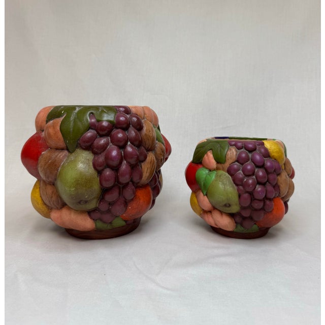 Mid Century Traditional Style Fruit Multicolor Ceramic Vases- a Pair For Sale - Image 4 of 11