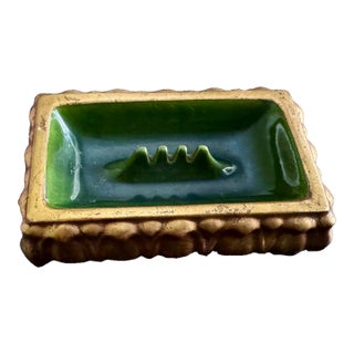 Mid-Century Anthony Freeman McFarlin California Pottery Gold Leaf & Avocado Green Ashtray. For Sale