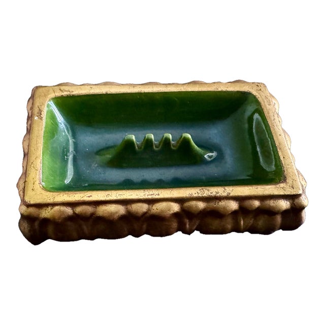 Mid-Century Anthony Freeman McFarlin California Pottery Gold Leaf & Avocado Green Ashtray. For Sale