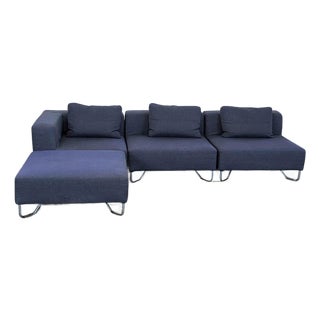 Cb2 Modern Dark Blue Sectional Sofa With Chaise and Metal Legs For Sale